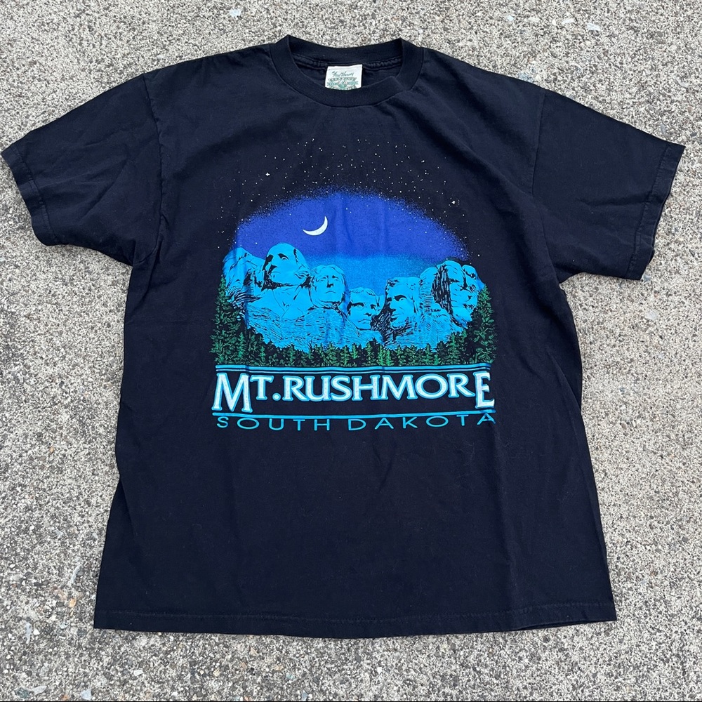 Vintage 90s Mt. Rushmore S. Dakota  Black T Shirt Mens L Moon Stars Fred Harvey